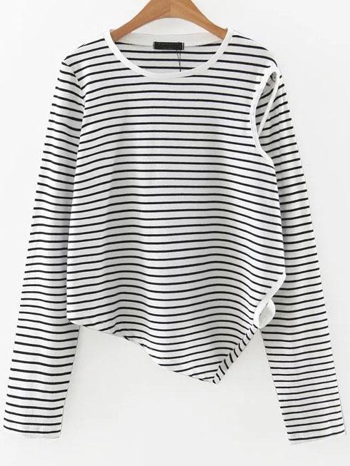 Romwe Black And White Striped Cutout Asymmetrical T-shirt