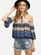 Romwe Multicolor Vintage Print Off The Shoulder Top