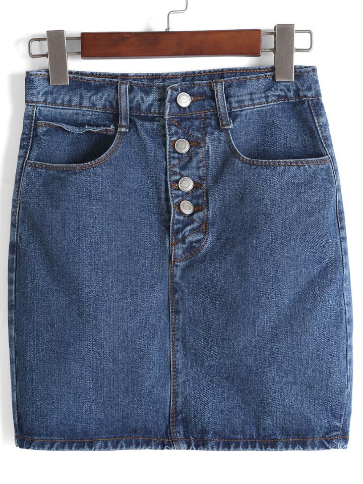 Romwe Single-breasted Bodycon Denim Skirt