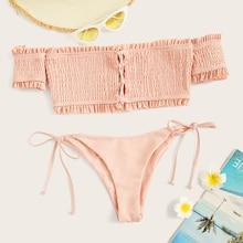 Romwe Smocked Short Sleeve Top With Tie Side Bikini