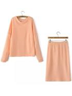 Romwe Round Neck Loose Apricot Top With Skirt
