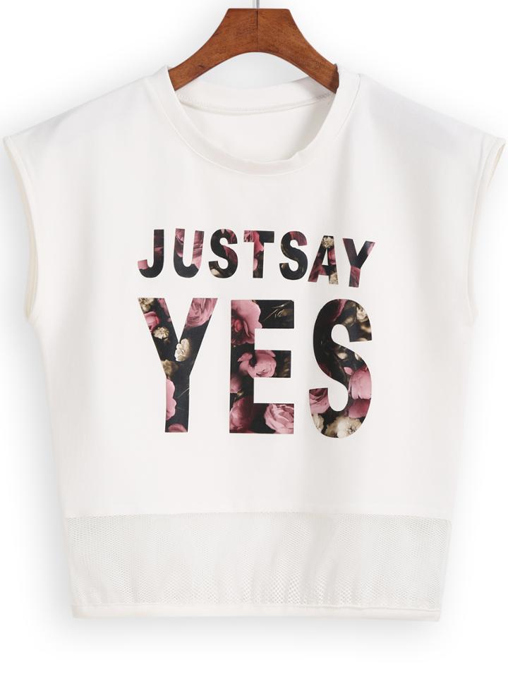 Romwe White Round Neck Justsay Yes Print Mesh Tank Top