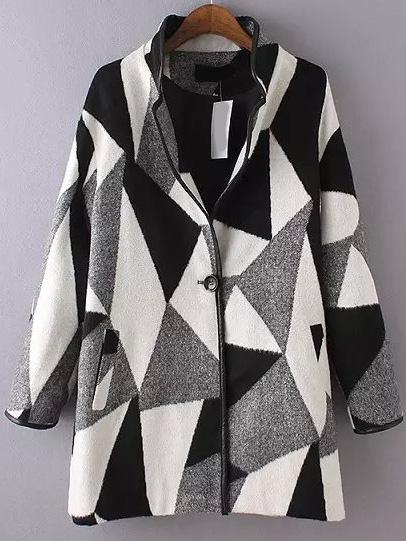 Romwe Stand Collar Color-block Geometric Print Coat