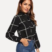 Romwe Tie Neck Grid Print Top