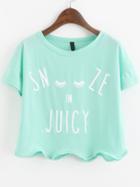 Romwe Letter Print Scalloped Hem Green T-shirt
