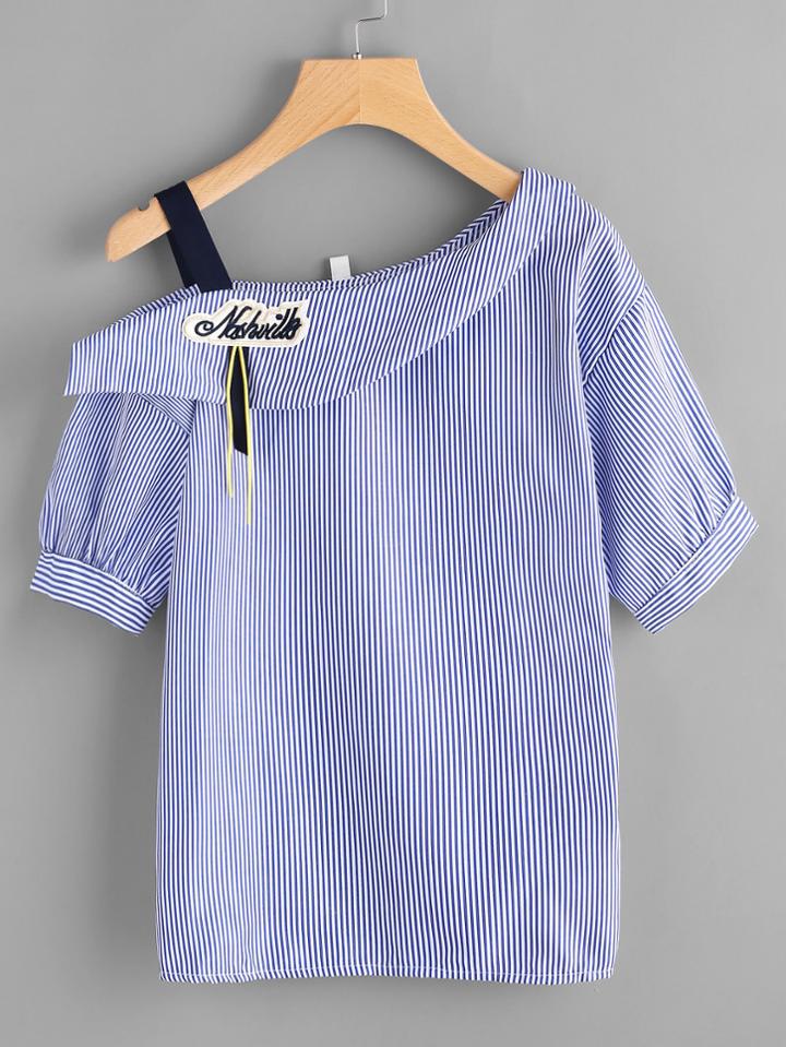 Romwe Asymmetric Cold Shoulder Striped Top With Embroidered Patch