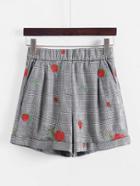 Romwe Rose Embroidery Houndstooth Shorts