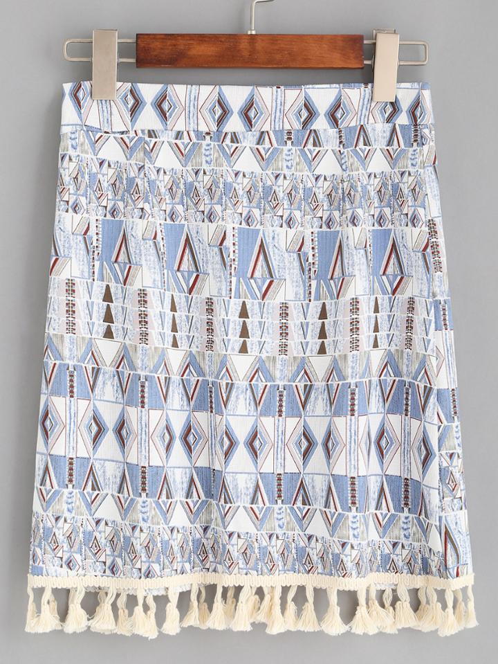 Romwe Blue Tribal Print Tassel Trim Skirt