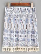 Romwe Blue Tribal Print Tassel Trim Skirt