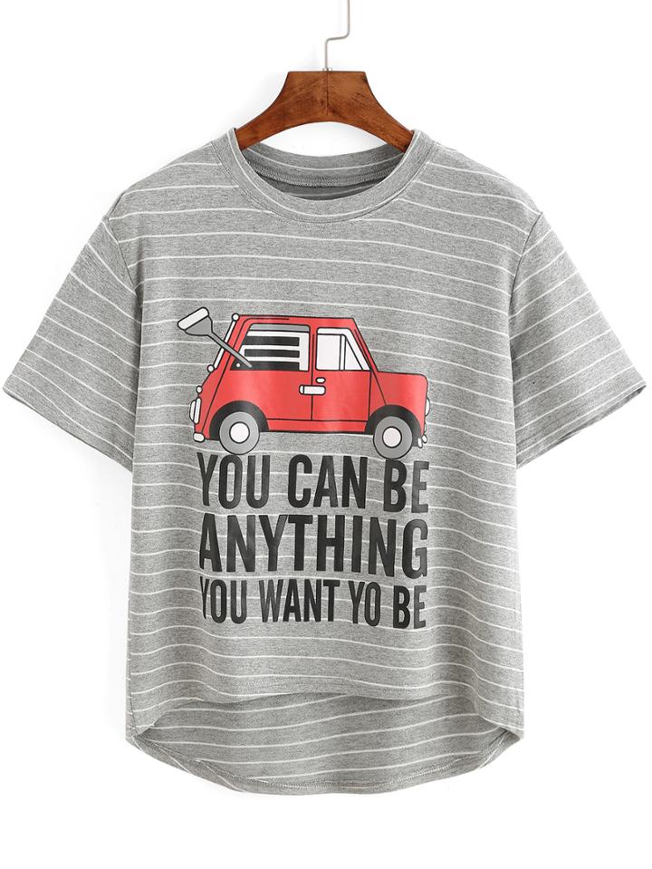 Romwe High Low Striped Car Print Grey T-shirt