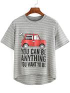 Romwe High Low Striped Car Print Grey T-shirt