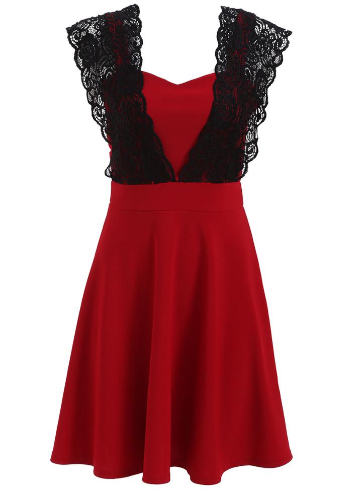 Romwe Lace Insert Pleated Red Dress