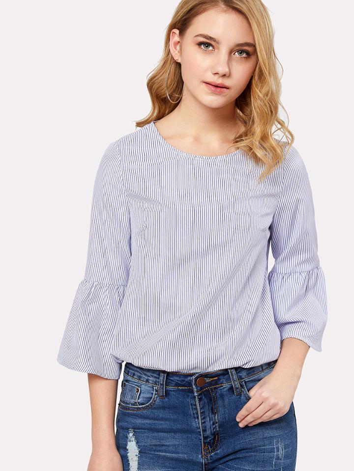Romwe Pinstripe Ruffle Sleeve Blouse