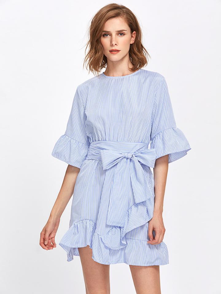 Romwe Pinstriped Frill Trim Self Tie Dress