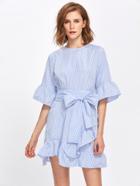 Romwe Pinstriped Frill Trim Self Tie Dress