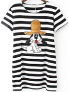 Romwe With Sequined Dog Pattern Striped Black T-shirt