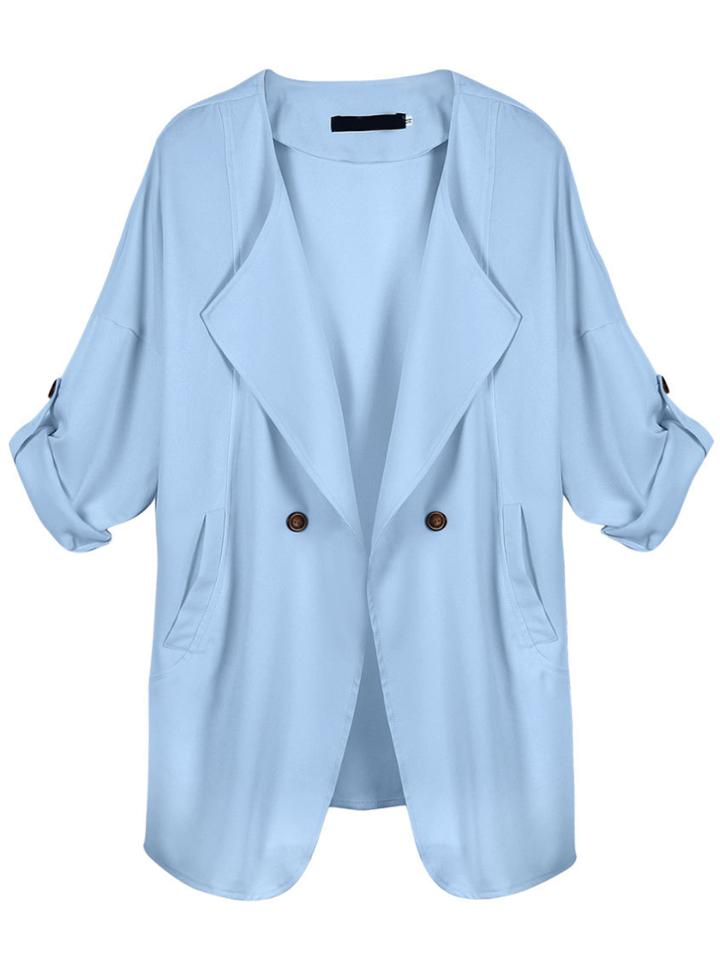 Romwe Drape Front Buttons Blue Coat