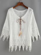 Romwe White Lace Up Embroidered Scalloped Hem Shirt