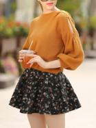 Romwe Open Shoulder Sweater With Florals Flare Skirt