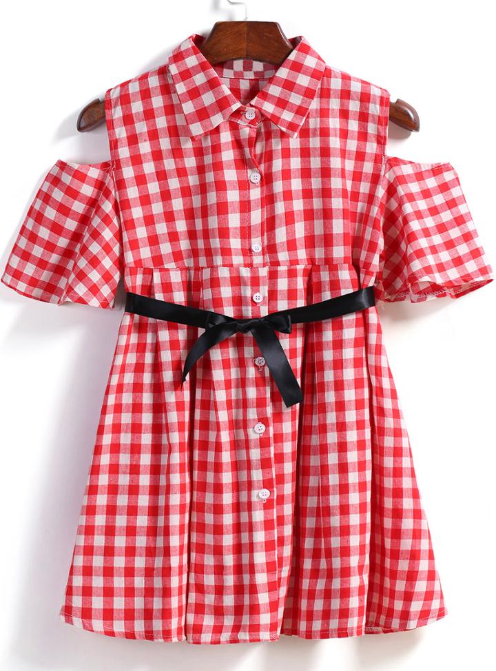 Romwe Lapel Short Sleeve Plaid With Belt Red Dress