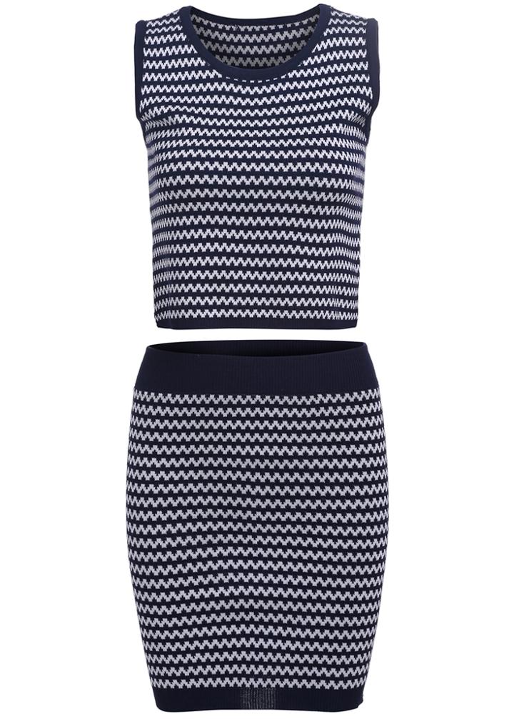 Romwe Sleeveless Striped Top With Bodycon Navy Skirt