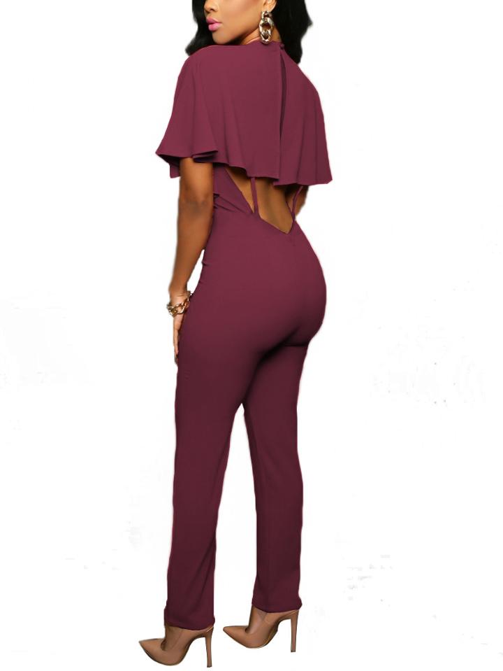 Romwe Burgundy Cutout Back Cape Sleeve Jumpsuit