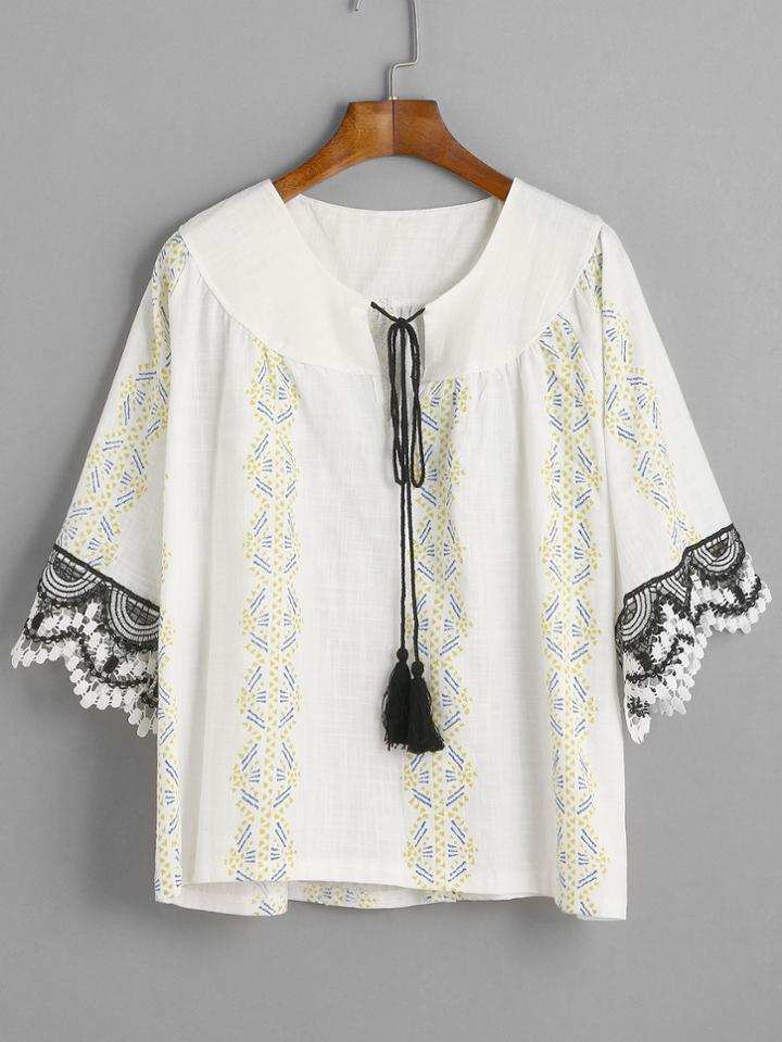 Romwe Beige Print Tie Neck Lace Trim Fringe Blouse