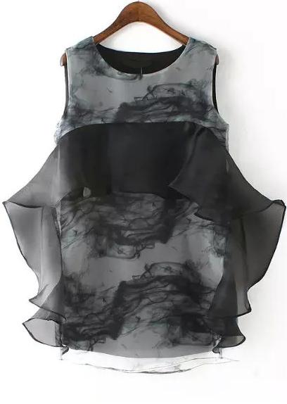 Romwe Round Neck Ruffle Ink Print Dress