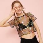 Romwe Graphic Embroidery Sheer Crop Tee