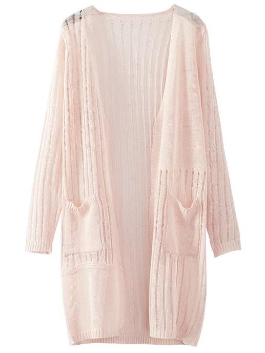 Romwe Pink Long Sleeve Pocket Cardigan