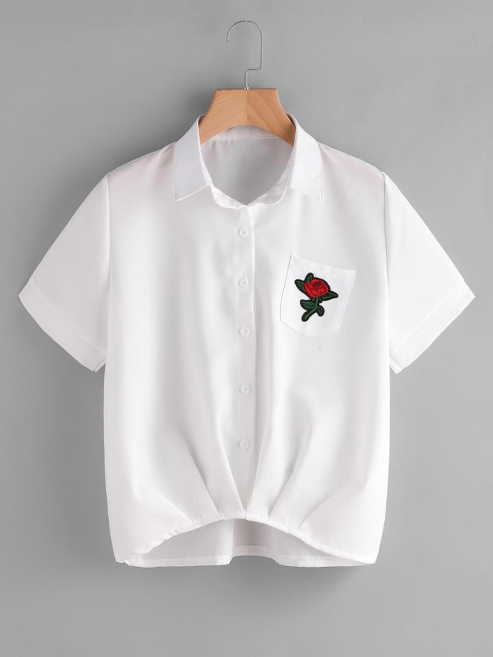 Romwe Rose Patch Chest Pocket Dip Hem Blouse