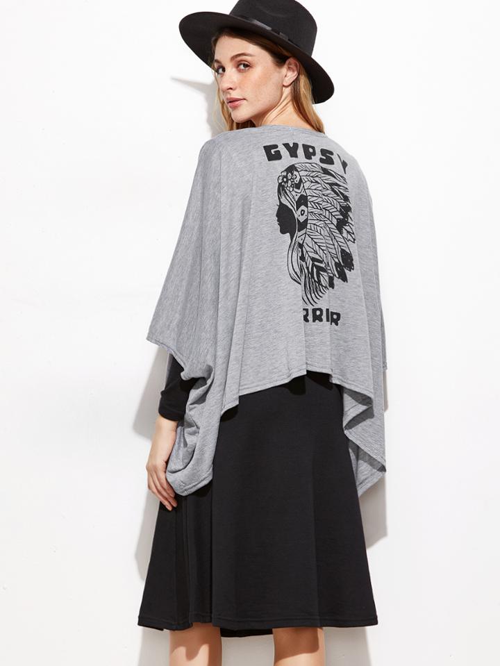 Romwe Heather Grey Print Back Drape Front Asymmetric Hem Coat