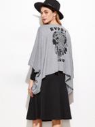 Romwe Heather Grey Print Back Drape Front Asymmetric Hem Coat