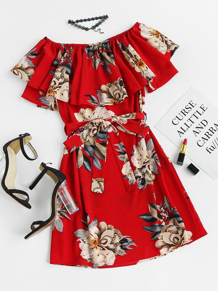 Romwe Floral Print Layered A Line Dress With Belt