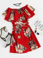 Romwe Floral Print Layered A Line Dress With Belt