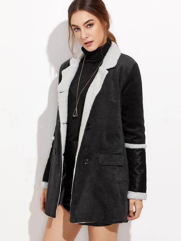 Romwe Black Double Breasted Sherpa Coat