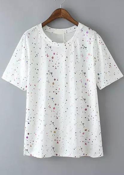 Romwe Speckled Print Side Split White T-shirt