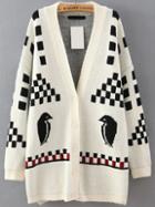 Romwe Bird Geometric Print Buttons White Cardigan