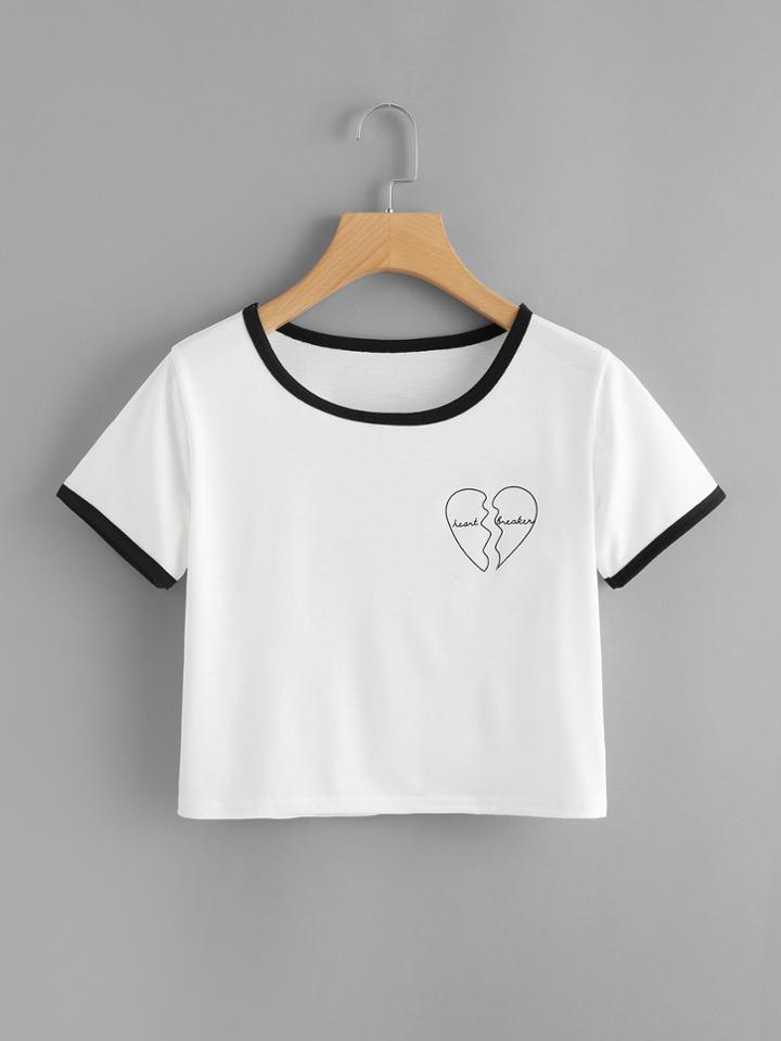Romwe Heartbreak Print Ringer Crop Tee