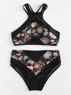 Romwe Criss Cross Contrast Mesh Bikini Set