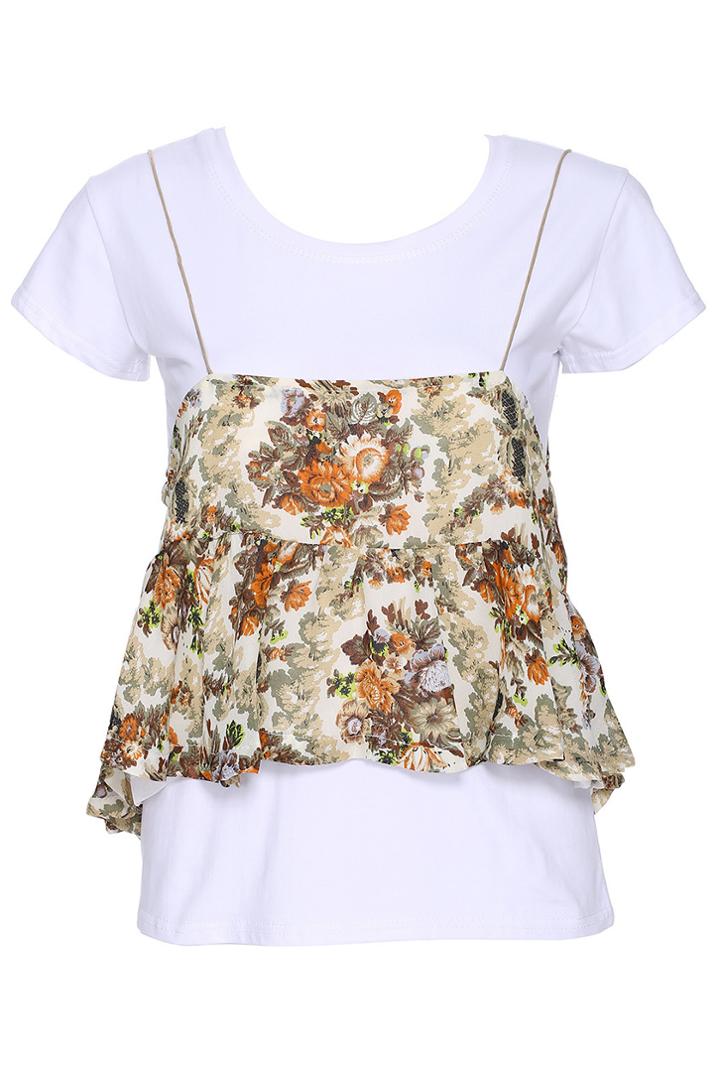 Romwe Romwe Flower Print Short-sleeved White Blouse