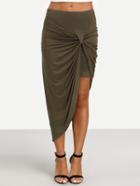 Romwe Army Green Pleated Asymmetrical Skirt