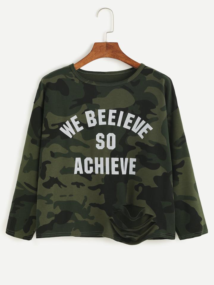 Romwe Camo Letter Print Cut Out T-shirt