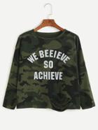 Romwe Camo Letter Print Cut Out T-shirt