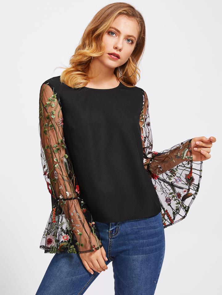 Romwe Tunic Top With Embroidered Mesh Trumpet Sleeve