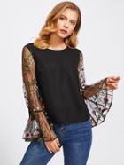 Romwe Tunic Top With Embroidered Mesh Trumpet Sleeve