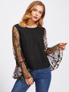 Romwe Tunic Top With Embroidered Mesh Trumpet Sleeve