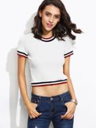 Romwe White Striped Trim Ribbed T-shirt