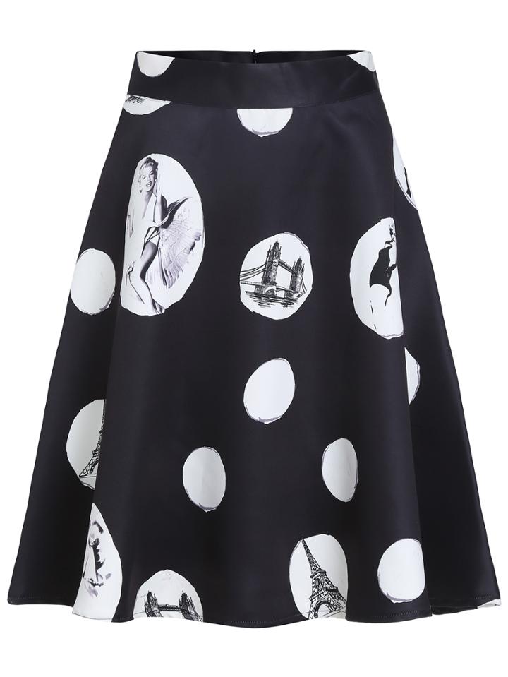 Romwe Polka Dot Zipper Flare Skirt