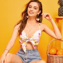 Romwe Fruits Print Tie Front Shirred Cami Top